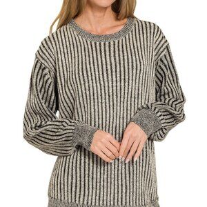 Zenana Curved Hem Two-Tone Ribbed Sweater